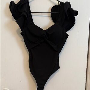 Haute Monde Black Ruffle Strap Bodysuit